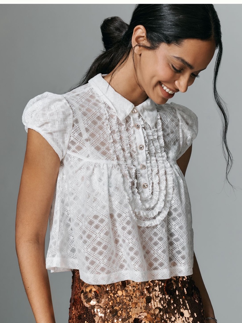 Maeve White Lace Pintuck Crop Top